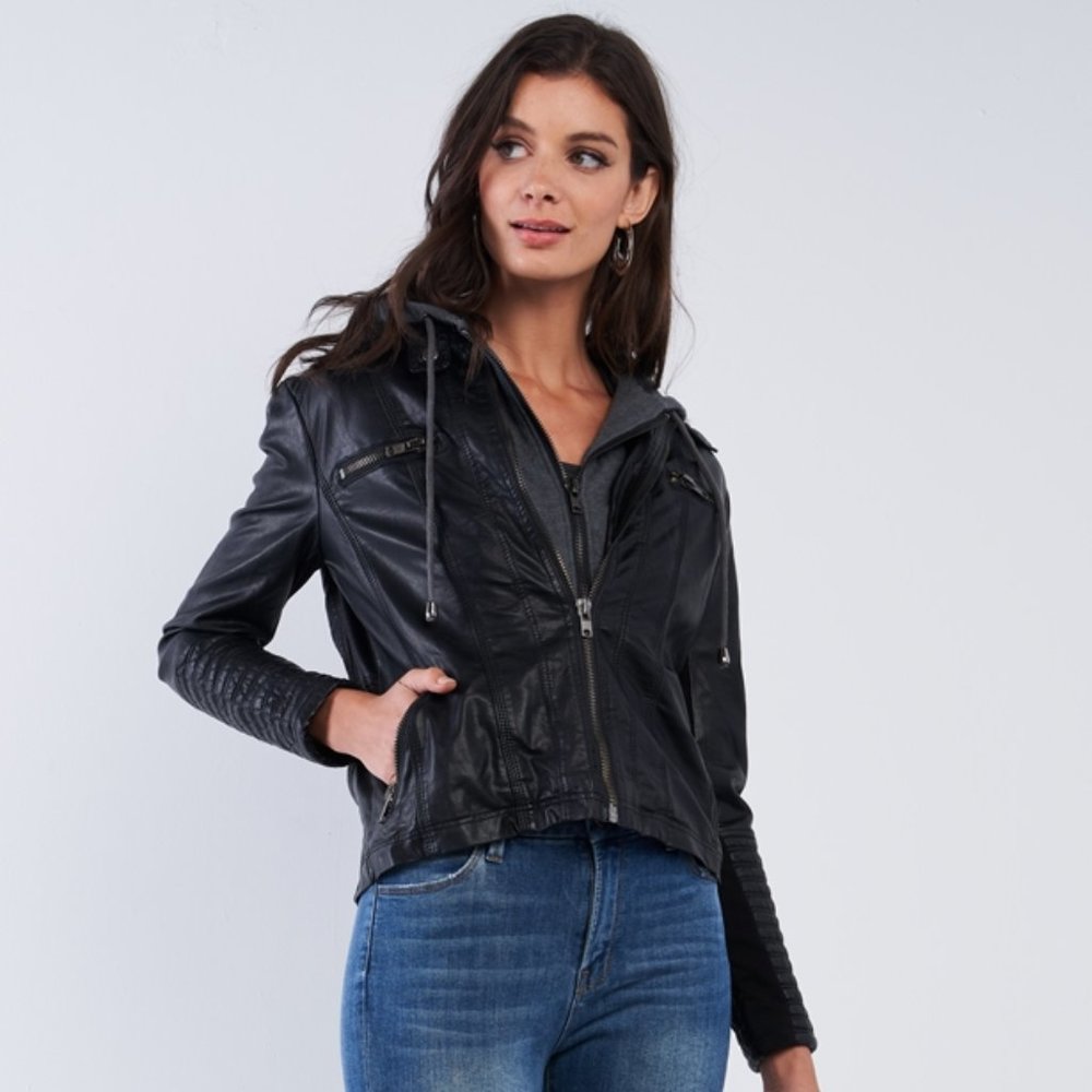 Rock & Roll Hoodie Vegan Leather Jacket (Black) - Picture 3 of 6